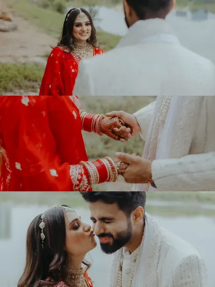 A collage of intimate and sweet moments from a pre-wedding shoot, including holding hands and a gentle kiss on the cheek.