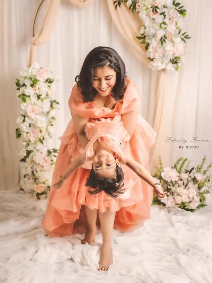 Creating coordinated outfits for families is one of my greatest joys. For Mother's Day, I designed this enchanting matching set for Meghana and her adorable daughter, using soft, flowing organza to capture their beautiful bond.