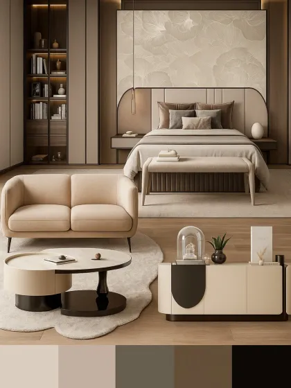 A mood board for a luxurious and modern bedroom retreat, blending warm taupes, soft beiges, and deep browns for a perfect harmony of texture and tone.