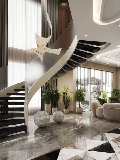 A dining and living area featuring a stunning sculptural spiral staircase. These renders showcase the staircase as a central art piece, demonstrating our ability to model and integrate complex architectural forms.