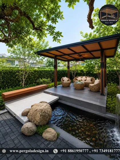 We design spaces for tranquility. This freestanding garden gazebo, set beside a custom water feature, creates a serene escape. The design integrates natural elements with a durable, modern structure, perfect for a Zen garden or poolside lounge.