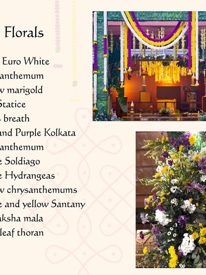 A detailed list of the florals used for the 'Sunrise Soirée', including white chrysanthemums, yellow marigolds, and blue statice.