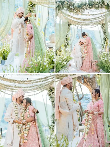 A collage of the beautiful varmala ceremony, capturing the exchange, the hugs, and the happy tears.