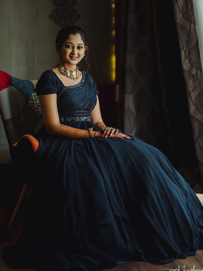 A posed shot showing the full elegance of Surabhi's welcome event look. The makeup is subtle, letting her natural beauty and the stunning outfit shine.