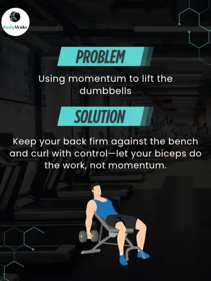 Problem: Using momentum to lift the dumbbells. Solution: Keep your back firm against the bench and curl with control. Let your biceps do the work.