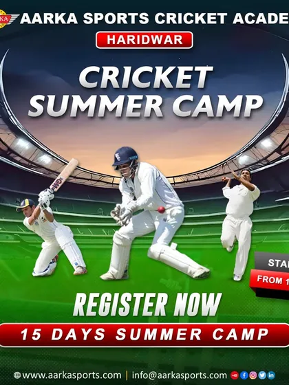 A promotional poster for our Haridwar cricket summer camp, inviting young players to join us for 15 days of intensive training.