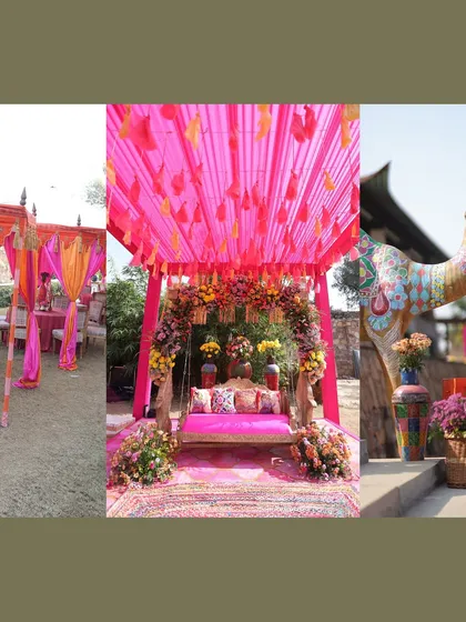 More details from the colorful Mehendi, including the main seating jhoola under a pink canopy and a quirky, painted camel prop.