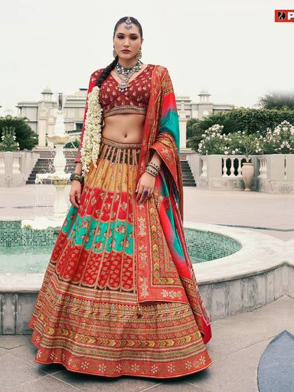 This stunning multi-colored lehenga is for the woman who loves to stand out. It's a perfect rental for any festive celebration.