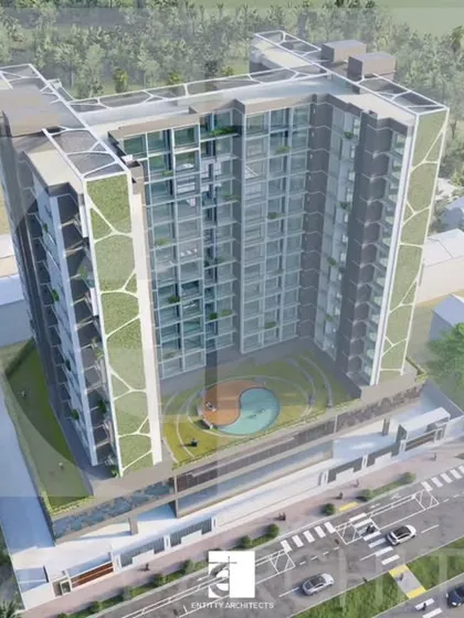 This render was part of a competition entry for a large-scale residential project on a 3890 sq. mt. plot. The design incorporates vertical green walls and extensive glazing, proposing a sustainable and amenity-rich living environment.