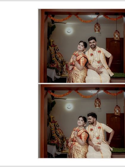 A happy portrait of the couple in their new home, surrounded by traditional decor. This photo captures the pride and joy of this important milestone.