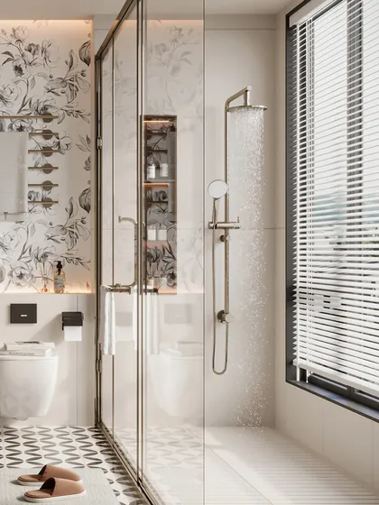A bathroom that blends classic and modern styles, with floral wallpaper, patterned floor tiles, and a sleek glass shower enclosure.
