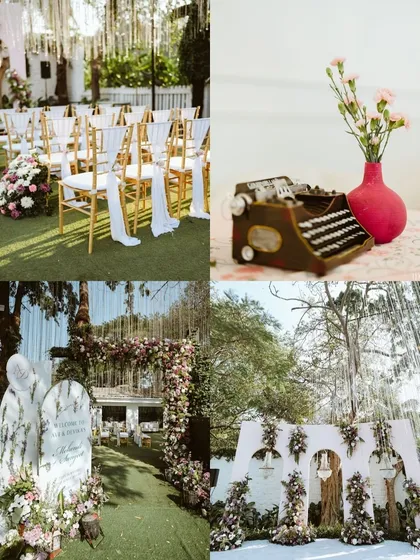 A collage of the beautiful, rustic, and vintage-inspired decor from an outdoor wedding ceremony. These details create a unique and personalized atmosphere.