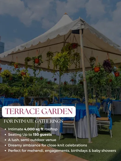 This graphic details the Terrace Garden's features, an intimate 4,000 sq ft rooftop that seats up to 150 guests, perfect for mehendi, engagements, and baby showers.