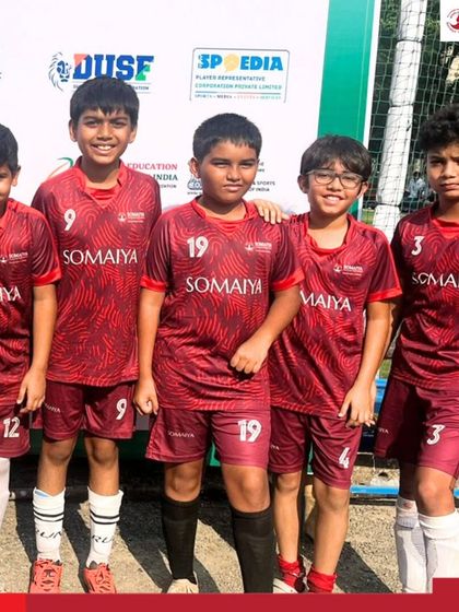 The Somaiya FC team in their red jerseys before their winning match at the DUSF Grassroots Football Fiesta.