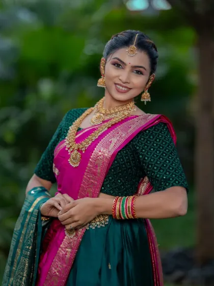 A beautiful half-saree look created by a previous batch student for her portfolio. The colour combination is stunning.