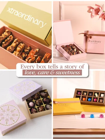 Every box tells a story of love, care, and sweetness. This collage showcases our beautiful packaging for our artisanal chocolates, from bonbons to barks.