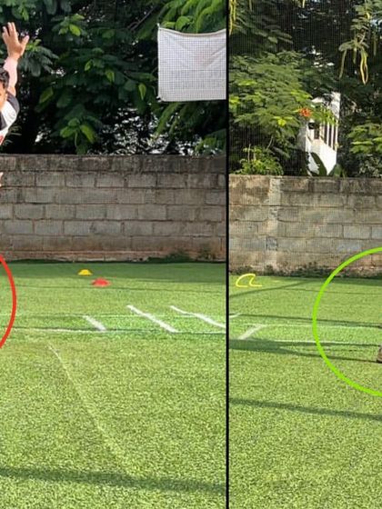 This leg spinner was collapsing and finishing in the danger area. We corrected his action to ensure an upright release and a finish that takes him safely away from the wicket line.