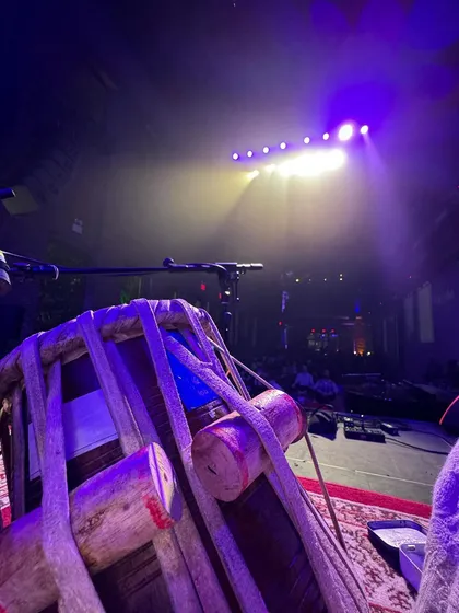 The view from my tabla before the show in Brooklyn. The single spotlight on the empty stage holds so much promise and anticipation.