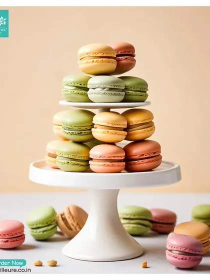 A tower of our classic French macarons, showcasing the vibrant, natural colours and perfectly smooth shells. Each one is a small bite of Parisian heaven, available in a variety of delicate flavours.