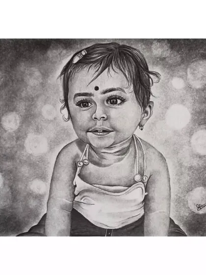 A hand-drawn portrait of a baby, capturing the soft features and innocent expression with a beautiful bokeh background effect created with graphite pencils. This is a perfect example of a custom baby sketch for a nursery or as a family keepsake.