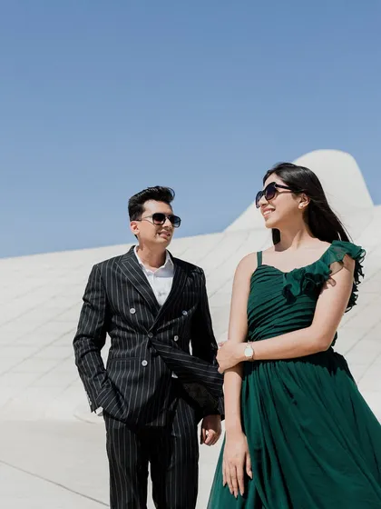 A candid, smiling moment between the couple during their pre-wedding shoot in Baku. Even in a posed setting, I look for the genuine smiles and laughter that reveal their true personalities.