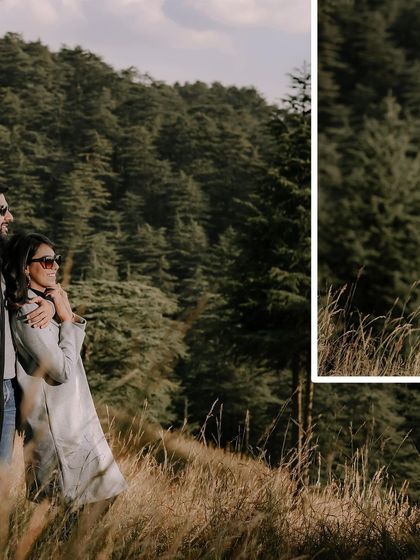 A wide-angle shot showcasing the stunning pine forests of Shimla during a pre-wedding shoot. I love using nature as a grand backdrop for my couple's portraits.