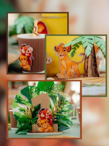 A collage of small decorative details from the Lion King party, including custom cup embellishments and themed number signs for the tables. These little touches make a big difference.
