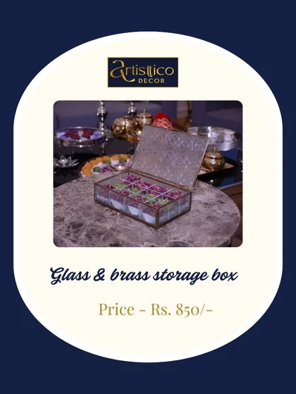 This glass and brass storage box is one of my most versatile items for wedding favors. It's perfect for filling with mithai or dry fruits and can be customized for bulk orders.