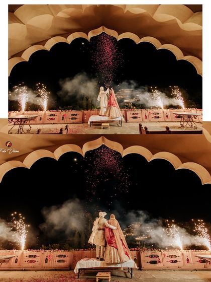 A collage of the couple's Varmala ceremony on a grand stage, complete with a shower of petals and fireworks.