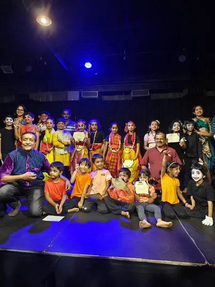 A stage full of happy faces! This is our power packed team of young performers, facilitators, and proud parents after a successful summer camp showcase. The sense of community and shared achievement is the true spirit of Vyoma.