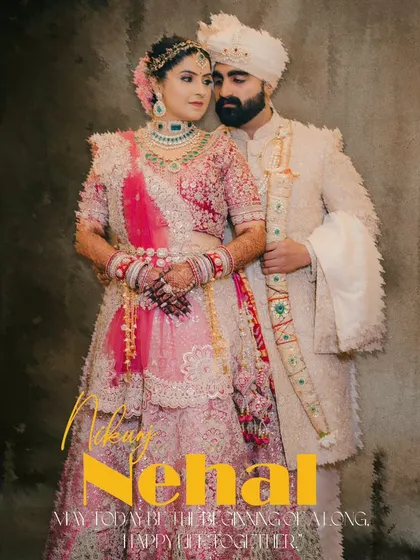 A royal portrait of a couple in their stunning wedding attire, with a graphic overlay of their names for a personalized touch.