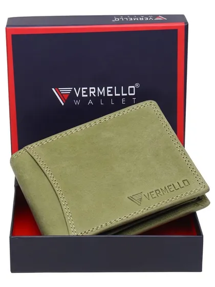 The olive green leather wallet presented in its branded Vermello gift box. This view highlights the product's premium packaging, making it an excellent standalone gift for corporate clients or employees.
