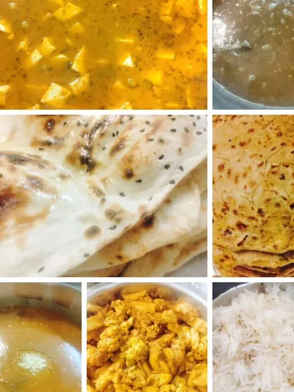 A collage showing the components of a typical catered meal from our kitchen. It includes Shahi Paneer, Dal, fresh naan and parathas, Paneer Bhurji, and steamed rice. This is what a complete, satisfying meal looks like.