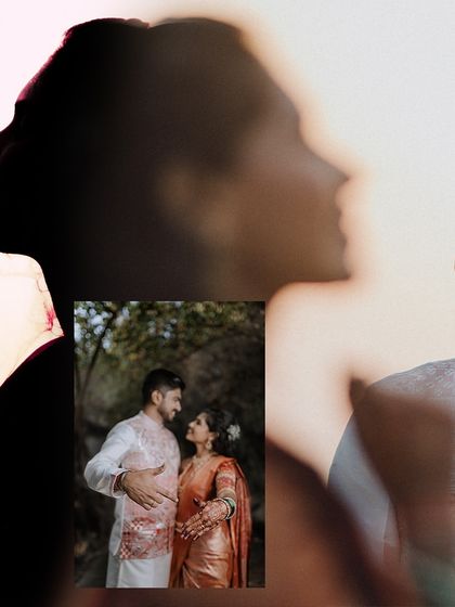 A double-exposure style collage, blending silhouettes with a romantic portrait of the engaged couple.