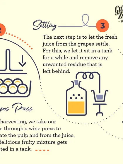 After harvesting, the white grapes go through a press to separate the pulp from the juice. The fresh juice is then left to settle in a tank to remove any unwanted residue.