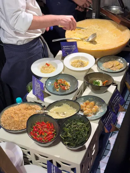 Our interactive live pasta station is always a highlight. Here, our chef prepares fresh Tagliolini tossed in a wheel of Parmigiano Reggiano, delivering authentic Italian flavours right before your eyes.