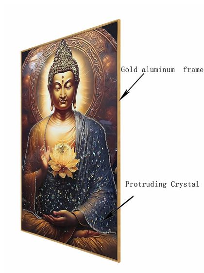 This image highlights the fine details of our Buddha crystal glass painting, showing the gold aluminum frame and the protruding crystals that give the artwork a tactile, three-dimensional quality.