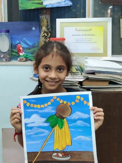 Celebrating Gudi Padwa in the studio. This young artist painted a lovely scene featuring the traditional Gudi, marking the new year with creativity.