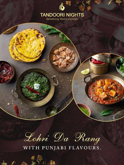 Lohri Da Rang with Punjabi flavors. This platter showcases a classic Punjabi meal of Sarson da Saag and Makki di Roti, served alongside paneer curry and other traditional accompaniments in authentic serveware.