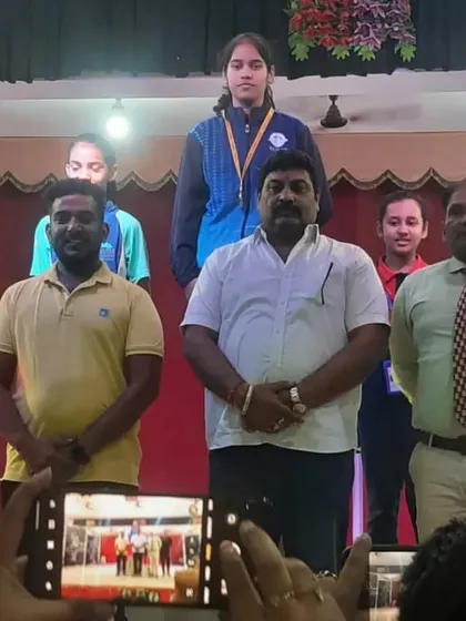 Ayushi Singhal stands tall on the podium after winning the Gold medal in the U-14 Girls Individual category at the CBSE Cluster XIX Tournament.