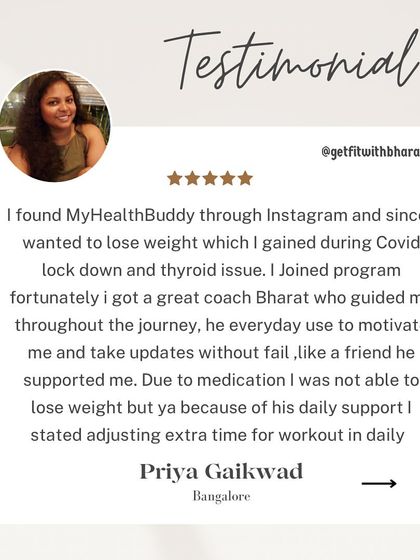 Priya joined to lose weight she gained during lockdown and due to a thyroid issue. She found my daily motivation and support as a friend helped her succeed.