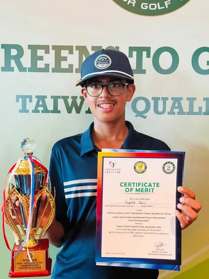 Rayirth Jain with his 1st place trophy from the Greens to Glory Junior Golf Tournament, which qualified him for two international events.