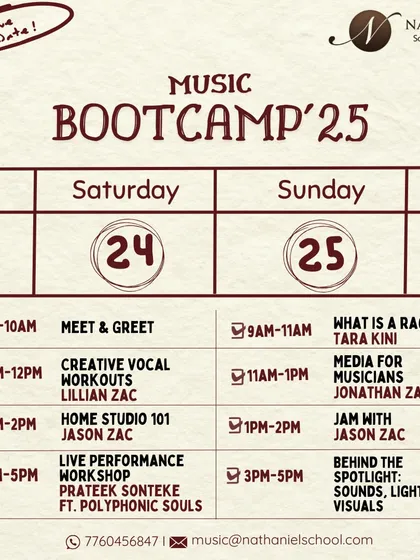Our Music Bootcamps are intense, hands-on events for all skill levels. This schedule gives you a taste of the diverse topics we cover, from home studio production and vocal workouts to the technical side of live performance including sound, lights, and visuals.