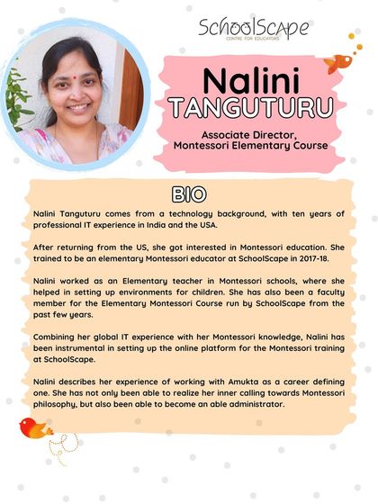 A bio of Nalini Tanguturu, Associate Director of the Elementary Course, who has been instrumental in setting up our online training platform.