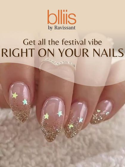 Add a touch of whimsy to your look with our custom nail art. This design features a delicate glitter base on almond-shaped nails, accented with tiny, iridescent stars for a magical finish.