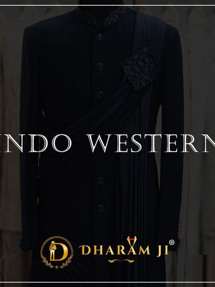 A promotional graphic for my Indo-Western collection, featuring a sleek black outfit with an attached drape for a modern, stylish silhouette.