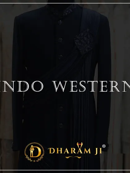 A promotional graphic for my Indo-Western collection, featuring a sleek black outfit with an attached drape for a modern, stylish silhouette.