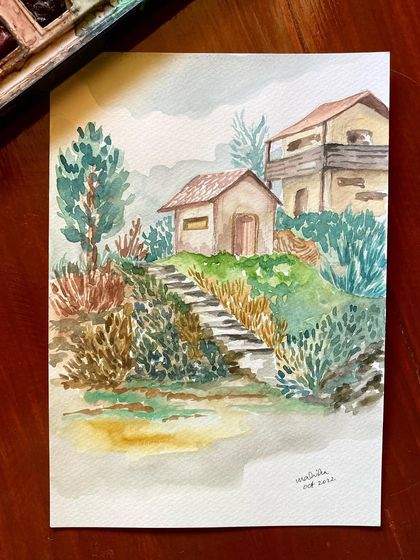 The crooked stairs of mountain houses have a charm of their own. This watercolor piece from Tirthan Valley captures a typical hillside home with stone steps leading up to it, surrounded by the warm colors of autumn.