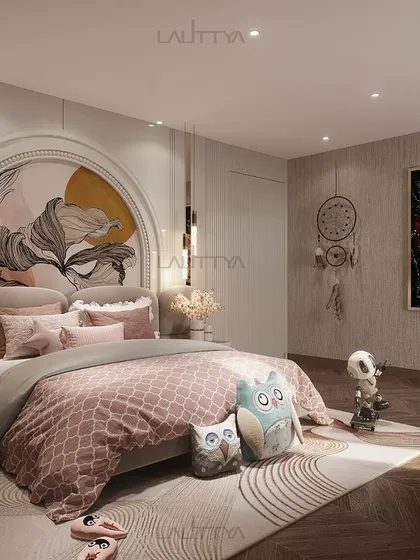 This kid's bedroom blends modern design with artistic flair. A soft, neutral palette is contrasted by bold wall art and playful decor, like the dreamcatcher and owl cushions, for a perfect balance of comfort and style.