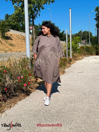 A customer spotted in our Bagh Anti-fit Dress. The relaxed silhouette and delicate embroidery make it a comfortable and stylish choice for a day of exploring.